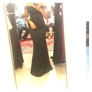 Women’s Black Prom Dress Tan Embroidered Train